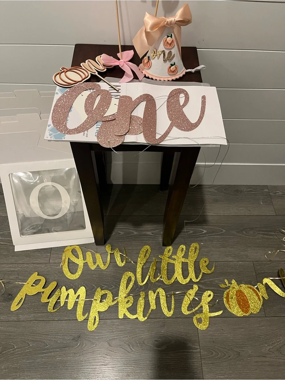 One First Birthday Party (Pumpkin Theme) Banner and Décor Set - Pink and Gold